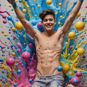 Paint Splat Fun - AI Photos of Hot men having fun with body paint. AI-generated abstract art featuring beautiful, handsome, sexy, shirtless, men, boys, lads, full of excitement joy and fun, covered in body paint, dynamic, interactive, Combining elements of realism with surreal abstract qualities, showcasing the potential of AI, in artistic expression. Photos of guys, just smiling, happy, and having a good time. Most of them are smiling because a paint bomb just blow up next to them, so I'm calling is Abstract Art. When paint attacks and makes people happy, it's Art!