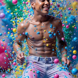 Paint Splat Fun - AI Photos of Hot men having fun with body paint. AI-generated abstract art featuring beautiful, handsome, sexy, shirtless, men, boys, lads, full of excitement joy and fun, covered in body paint, dynamic, interactive, Combining elements of realism with surreal abstract qualities, showcasing the potential of AI, in artistic expression. Photos of guys, just smiling, happy, and having a good time. Most of them are smiling because a paint bomb just blow up next to them, so I'm calling is Abstract Art. When paint attacks and makes people happy, it's Art!