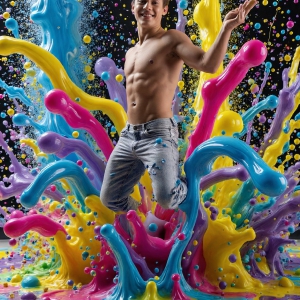 Paint Splat Fun - AI Photos of Hot men having fun with body paint. AI-generated abstract art featuring beautiful, handsome, sexy, shirtless, men, boys, lads, full of excitement joy and fun, covered in body paint, dynamic, interactive, Combining elements of realism with surreal abstract qualities, showcasing the potential of AI, in artistic expression. Photos of guys, just smiling, happy, and having a good time. Most of them are smiling because a paint bomb just blow up next to them, so I'm calling is Abstract Art. When paint attacks and makes people happy, it's Art!