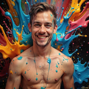 Paint Splat Fun - AI Photos of Hot men having fun with body paint. AI-generated abstract art featuring beautiful, handsome, sexy, shirtless, men, boys, lads, full of excitement joy and fun, covered in body paint, dynamic, interactive, Combining elements of realism with surreal abstract qualities, showcasing the potential of AI, in artistic expression. Photos of guys, just smiling, happy, and having a good time. Most of them are smiling because a paint bomb just blow up next to them, so I'm calling is Abstract Art. When paint attacks and makes people happy, it's Art!
