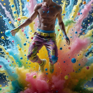 Paint Splat Fun - AI Photos of Hot men having fun with body paint. AI-generated abstract art featuring beautiful, handsome, sexy, shirtless, men, boys, lads, full of excitement joy and fun, covered in body paint, dynamic, interactive, Combining elements of realism with surreal abstract qualities, showcasing the potential of AI, in artistic expression. Photos of guys, just smiling, happy, and having a good time. Most of them are smiling because a paint bomb just blow up next to them, so I'm calling is Abstract Art. When paint attacks and makes people happy, it's Art!