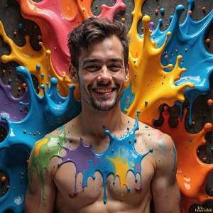 Paint Splat Fun - AI Photos of Hot men having fun with body paint. AI-generated abstract art featuring beautiful, handsome, sexy, shirtless, men, boys, lads, full of excitement joy and fun, covered in body paint, dynamic, interactive, Combining elements of realism with surreal abstract qualities, showcasing the potential of AI, in artistic expression. Photos of guys, just smiling, happy, and having a good time. Most of them are smiling because a paint bomb just blow up next to them, so I'm calling is Abstract Art. When paint attacks and makes people happy, it's Art!