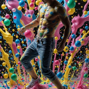 Paint Splat Fun - AI Photos of Hot men having fun with body paint. AI-generated abstract art featuring beautiful, handsome, sexy, shirtless, men, boys, lads, full of excitement joy and fun, covered in body paint, dynamic, interactive, Combining elements of realism with surreal abstract qualities, showcasing the potential of AI, in artistic expression. Photos of guys, just smiling, happy, and having a good time. Most of them are smiling because a paint bomb just blow up next to them, so I'm calling is Abstract Art. When paint attacks and makes people happy, it's Art!