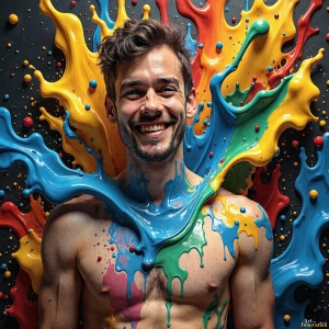 Paint Splat Fun - AI Photos of Hot men having fun with body paint. AI-generated abstract art featuring beautiful, handsome, sexy, shirtless, men, boys, lads, full of excitement joy and fun, covered in body paint, dynamic, interactive, Combining elements of realism with surreal abstract qualities, showcasing the potential of AI, in artistic expression. Photos of guys, just smiling, happy, and having a good time. Most of them are smiling because a paint bomb just blow up next to them, so I'm calling is Abstract Art. When paint attacks and makes people happy, it's Art!