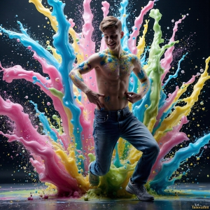 Paint Splat Fun - AI Photos of Hot men having fun with body paint. AI-generated abstract art featuring beautiful, handsome, sexy, shirtless, men, boys, lads, full of excitement joy and fun, covered in body paint, dynamic, interactive, Combining elements of realism with surreal abstract qualities, showcasing the potential of AI, in artistic expression. Photos of guys, just smiling, happy, and having a good time. Most of them are smiling because a paint bomb just blow up next to them, so I'm calling is Abstract Art. When paint attacks and makes people happy, it's Art!