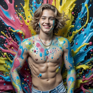 Paint Splat Fun - AI Photos of Hot men having fun with body paint. AI-generated abstract art featuring beautiful, handsome, sexy, shirtless, men, boys, lads, full of excitement joy and fun, covered in body paint, dynamic, interactive, Combining elements of realism with surreal abstract qualities, showcasing the potential of AI, in artistic expression. Photos of guys, just smiling, happy, and having a good time. Most of them are smiling because a paint bomb just blow up next to them, so I'm calling is Abstract Art. When paint attacks and makes people happy, it's Art!