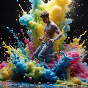 Paint Splat Fun - AI Photos of Hot men having fun with body paint. AI-generated abstract art featuring beautiful, handsome, sexy, shirtless, men, boys, lads, full of excitement joy and fun, covered in body paint, dynamic, interactive, Combining elements of realism with surreal abstract qualities, showcasing the potential of AI, in artistic expression. Photos of guys, just smiling, happy, and having a good time. Most of them are smiling because a paint bomb just blow up next to them, so I'm calling is Abstract Art. When paint attacks and makes people happy, it's Art!