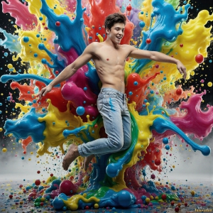 Paint Splat Fun - AI Photos of Hot men having fun with body paint. AI-generated abstract art featuring beautiful, handsome, sexy, shirtless, men, boys, lads, full of excitement joy and fun, covered in body paint, dynamic, interactive, Combining elements of realism with surreal abstract qualities, showcasing the potential of AI, in artistic expression. Photos of guys, just smiling, happy, and having a good time. Most of them are smiling because a paint bomb just blow up next to them, so I'm calling is Abstract Art. When paint attacks and makes people happy, it's Art!