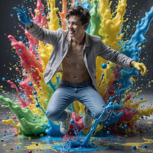 Paint Splat Fun - AI Photos of Hot men having fun with body paint. AI-generated abstract art featuring beautiful, handsome, sexy, shirtless, men, boys, lads, full of excitement joy and fun, covered in body paint, dynamic, interactive, Combining elements of realism with surreal abstract qualities, showcasing the potential of AI, in artistic expression. Photos of guys, just smiling, happy, and having a good time. Most of them are smiling because a paint bomb just blow up next to them, so I'm calling is Abstract Art. When paint attacks and makes people happy, it's Art!