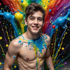 Paint Splat Fun - AI Photos of Hot men having fun with body paint. AI-generated abstract art featuring beautiful, handsome, sexy, shirtless, men, boys, lads, full of excitement joy and fun, covered in body paint, dynamic, interactive, Combining elements of realism with surreal abstract qualities, showcasing the potential of AI, in artistic expression. Photos of guys, just smiling, happy, and having a good time. Most of them are smiling because a paint bomb just blow up next to them, so I'm calling is Abstract Art. When paint attacks and makes people happy, it's Art!
