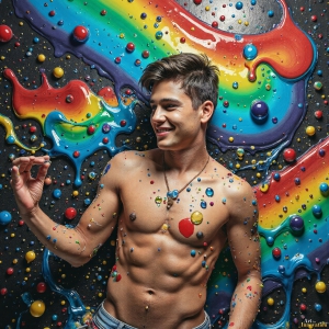 Paint Splat Fun - AI Photos of Hot men having fun with body paint. AI-generated abstract art featuring beautiful, handsome, sexy, shirtless, men, boys, lads, full of excitement joy and fun, covered in body paint, dynamic, interactive, Combining elements of realism with surreal abstract qualities, showcasing the potential of AI, in artistic expression. Photos of guys, just smiling, happy, and having a good time. Most of them are smiling because a paint bomb just blow up next to them, so I'm calling is Abstract Art. When paint attacks and makes people happy, it's Art!