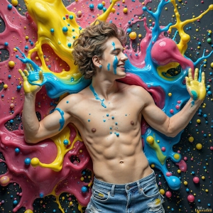 Paint Splat Fun - AI Photos of Hot men having fun with body paint. AI-generated abstract art featuring beautiful, handsome, sexy, shirtless, men, boys, lads, full of excitement joy and fun, covered in body paint, dynamic, interactive, Combining elements of realism with surreal abstract qualities, showcasing the potential of AI, in artistic expression. Photos of guys, just smiling, happy, and having a good time. Most of them are smiling because a paint bomb just blow up next to them, so I'm calling is Abstract Art. When paint attacks and makes people happy, it's Art!