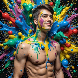Paint Splat Fun - AI Photos of Hot men having fun with body paint. AI-generated abstract art featuring beautiful, handsome, sexy, shirtless, men, boys, lads, full of excitement joy and fun, covered in body paint, dynamic, interactive, Combining elements of realism with surreal abstract qualities, showcasing the potential of AI, in artistic expression. Photos of guys, just smiling, happy, and having a good time. Most of them are smiling because a paint bomb just blow up next to them, so I'm calling is Abstract Art. When paint attacks and makes people happy, it's Art!