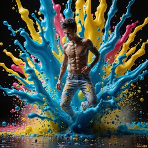Paint Splat Fun - AI Photos of Hot men having fun with body paint. AI-generated abstract art featuring beautiful, handsome, sexy, shirtless, men, boys, lads, full of excitement joy and fun, covered in body paint, dynamic, interactive, Combining elements of realism with surreal abstract qualities, showcasing the potential of AI, in artistic expression. Photos of guys, just smiling, happy, and having a good time. Most of them are smiling because a paint bomb just blow up next to them, so I'm calling is Abstract Art. When paint attacks and makes people happy, it's Art!
