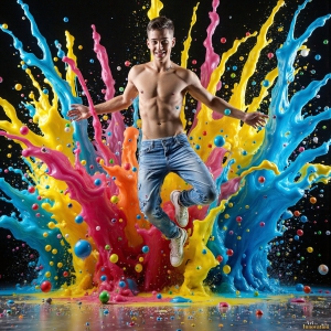 Paint Splat Fun - AI Photos of Hot men having fun with body paint. AI-generated abstract art featuring beautiful, handsome, sexy, shirtless, men, boys, lads, full of excitement joy and fun, covered in body paint, dynamic, interactive, Combining elements of realism with surreal abstract qualities, showcasing the potential of AI, in artistic expression. Photos of guys, just smiling, happy, and having a good time. Most of them are smiling because a paint bomb just blow up next to them, so I'm calling is Abstract Art. When paint attacks and makes people happy, it's Art!