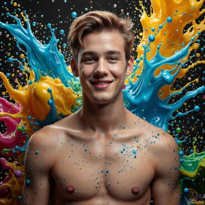 Paint Splat Fun - AI Photos of Hot men having fun with body paint. AI-generated abstract art featuring beautiful, handsome, sexy, shirtless, men, boys, lads, full of excitement joy and fun, covered in body paint, dynamic, interactive, Combining elements of realism with surreal abstract qualities, showcasing the potential of AI, in artistic expression. Photos of guys, just smiling, happy, and having a good time. Most of them are smiling because a paint bomb just blow up next to them, so I'm calling is Abstract Art. When paint attacks and makes people happy, it's Art!