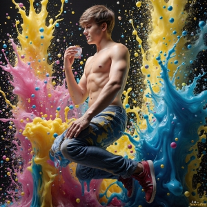 Paint Splat Fun - AI Photos of Hot men having fun with body paint. AI-generated abstract art featuring beautiful, handsome, sexy, shirtless, men, boys, lads, full of excitement joy and fun, covered in body paint, dynamic, interactive, Combining elements of realism with surreal abstract qualities, showcasing the potential of AI, in artistic expression. Photos of guys, just smiling, happy, and having a good time. Most of them are smiling because a paint bomb just blow up next to them, so I'm calling is Abstract Art. When paint attacks and makes people happy, it's Art!