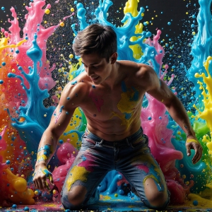 Paint Splat Fun - AI Photos of Hot men having fun with body paint. AI-generated abstract art featuring beautiful, handsome, sexy, shirtless, men, boys, lads, full of excitement joy and fun, covered in body paint, dynamic, interactive, Combining elements of realism with surreal abstract qualities, showcasing the potential of AI, in artistic expression. Photos of guys, just smiling, happy, and having a good time. Most of them are smiling because a paint bomb just blow up next to them, so I'm calling is Abstract Art. When paint attacks and makes people happy, it's Art!