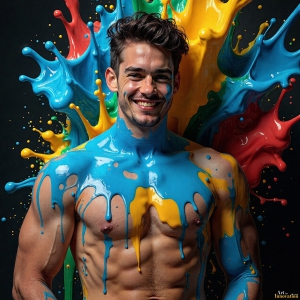 Paint Splat Fun - AI Photos of Hot men having fun with body paint. AI-generated abstract art featuring beautiful, handsome, sexy, shirtless, men, boys, lads, full of excitement joy and fun, covered in body paint, dynamic, interactive, Combining elements of realism with surreal abstract qualities, showcasing the potential of AI, in artistic expression. Photos of guys, just smiling, happy, and having a good time. Most of them are smiling because a paint bomb just blow up next to them, so I'm calling is Abstract Art. When paint attacks and makes people happy, it's Art!