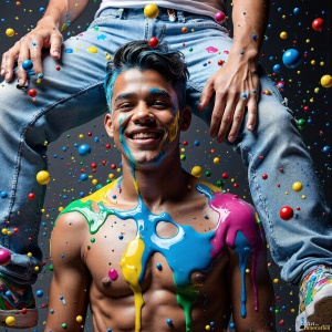 Paint Splat Fun - AI Photos of Hot men having fun with body paint. AI-generated abstract art featuring beautiful, handsome, sexy, shirtless, men, boys, lads, full of excitement joy and fun, covered in body paint, dynamic, interactive, Combining elements of realism with surreal abstract qualities, showcasing the potential of AI, in artistic expression. Photos of guys, just smiling, happy, and having a good time. Most of them are smiling because a paint bomb just blow up next to them, so I'm calling is Abstract Art. When paint attacks and makes people happy, it's Art!