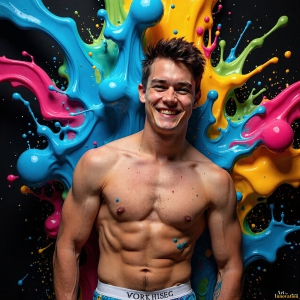Paint Splat Fun - AI Photos of Hot men having fun with body paint. AI-generated abstract art featuring beautiful, handsome, sexy, shirtless, men, boys, lads, full of excitement joy and fun, covered in body paint, dynamic, interactive, Combining elements of realism with surreal abstract qualities, showcasing the potential of AI, in artistic expression. Photos of guys, just smiling, happy, and having a good time. Most of them are smiling because a paint bomb just blow up next to them, so I'm calling is Abstract Art. When paint attacks and makes people happy, it's Art!