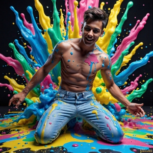 Paint Splat Fun - AI Photos of Hot men having fun with body paint. AI-generated abstract art featuring beautiful, handsome, sexy, shirtless, men, boys, lads, full of excitement joy and fun, covered in body paint, dynamic, interactive, Combining elements of realism with surreal abstract qualities, showcasing the potential of AI, in artistic expression. Photos of guys, just smiling, happy, and having a good time. Most of them are smiling because a paint bomb just blow up next to them, so I'm calling is Abstract Art. When paint attacks and makes people happy, it's Art!