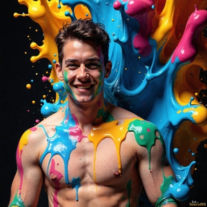 Paint Splat Fun - AI Photos of Hot men having fun with body paint. AI-generated abstract art featuring beautiful, handsome, sexy, shirtless, men, boys, lads, full of excitement joy and fun, covered in body paint, dynamic, interactive, Combining elements of realism with surreal abstract qualities, showcasing the potential of AI, in artistic expression. Photos of guys, just smiling, happy, and having a good time. Most of them are smiling because a paint bomb just blow up next to them, so I'm calling is Abstract Art. When paint attacks and makes people happy, it's Art!