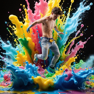 Paint Splat Fun - AI Photos of Hot men having fun with body paint. AI-generated abstract art featuring beautiful, handsome, sexy, shirtless, men, boys, lads, full of excitement joy and fun, covered in body paint, dynamic, interactive, Combining elements of realism with surreal abstract qualities, showcasing the potential of AI, in artistic expression. Photos of guys, just smiling, happy, and having a good time. Most of them are smiling because a paint bomb just blow up next to them, so I'm calling is Abstract Art. When paint attacks and makes people happy, it's Art!