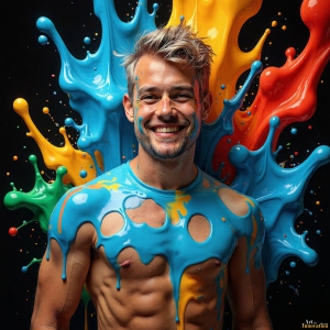 Paint Splat Fun - AI Photos of Hot men having fun with body paint. AI-generated abstract art featuring beautiful, handsome, sexy, shirtless, men, boys, lads, full of excitement joy and fun, covered in body paint, dynamic, interactive, Combining elements of realism with surreal abstract qualities, showcasing the potential of AI, in artistic expression. Photos of guys, just smiling, happy, and having a good time. Most of them are smiling because a paint bomb just blow up next to them, so I'm calling is Abstract Art. When paint attacks and makes people happy, it's Art!