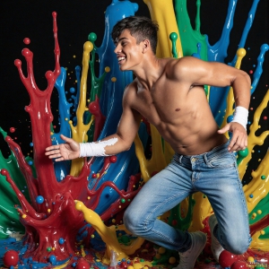 Paint Splat Fun - AI Photos of Hot men having fun with body paint. AI-generated abstract art featuring beautiful, handsome, sexy, shirtless, men, boys, lads, full of excitement joy and fun, covered in body paint, dynamic, interactive, Combining elements of realism with surreal abstract qualities, showcasing the potential of AI, in artistic expression. Photos of guys, just smiling, happy, and having a good time. Most of them are smiling because a paint bomb just blow up next to them, so I'm calling is Abstract Art. When paint attacks and makes people happy, it's Art!