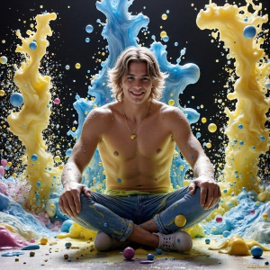 Paint Splat Fun - AI Photos of Hot men having fun with body paint. AI-generated abstract art featuring beautiful, handsome, sexy, shirtless, men, boys, lads, full of excitement joy and fun, covered in body paint, dynamic, interactive, Combining elements of realism with surreal abstract qualities, showcasing the potential of AI, in artistic expression. Photos of guys, just smiling, happy, and having a good time. Most of them are smiling because a paint bomb just blow up next to them, so I'm calling is Abstract Art. When paint attacks and makes people happy, it's Art!