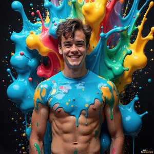 Paint Splat Fun - AI Photos of Hot men having fun with body paint. AI-generated abstract art featuring beautiful, handsome, sexy, shirtless, men, boys, lads, full of excitement joy and fun, covered in body paint, dynamic, interactive, Combining elements of realism with surreal abstract qualities, showcasing the potential of AI, in artistic expression. Photos of guys, just smiling, happy, and having a good time. Most of them are smiling because a paint bomb just blow up next to them, so I'm calling is Abstract Art. When paint attacks and makes people happy, it's Art!