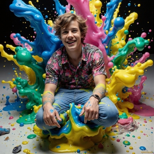 Paint Splat Fun - AI Photos of Hot men having fun with body paint. AI-generated abstract art featuring beautiful, handsome, sexy, shirtless, men, boys, lads, full of excitement joy and fun, covered in body paint, dynamic, interactive, Combining elements of realism with surreal abstract qualities, showcasing the potential of AI, in artistic expression. Photos of guys, just smiling, happy, and having a good time. Most of them are smiling because a paint bomb just blow up next to them, so I'm calling is Abstract Art. When paint attacks and makes people happy, it's Art!