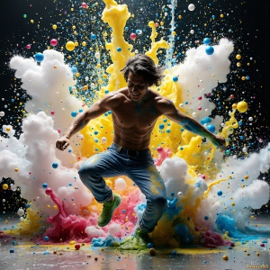 Paint Splat Fun - AI Photos of Hot men having fun with body paint. AI-generated abstract art featuring beautiful, handsome, sexy, shirtless, men, boys, lads, full of excitement joy and fun, covered in body paint, dynamic, interactive, Combining elements of realism with surreal abstract qualities, showcasing the potential of AI, in artistic expression. Photos of guys, just smiling, happy, and having a good time. Most of them are smiling because a paint bomb just blow up next to them, so I'm calling is Abstract Art. When paint attacks and makes people happy, it's Art!