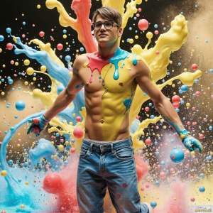 Paint Splat Fun - AI Photos of Hot men having fun with body paint. AI-generated abstract art featuring beautiful, handsome, sexy, shirtless, men, boys, lads, full of excitement joy and fun, covered in body paint, dynamic, interactive, Combining elements of realism with surreal abstract qualities, showcasing the potential of AI, in artistic expression. Photos of guys, just smiling, happy, and having a good time. Most of them are smiling because a paint bomb just blow up next to them, so I'm calling is Abstract Art. When paint attacks and makes people happy, it's Art!