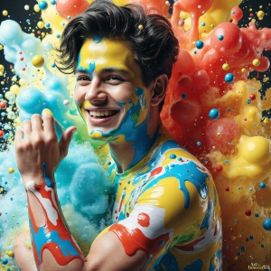Paint Splat Fun - AI Photos of Hot men having fun with body paint. AI-generated abstract art featuring beautiful, handsome, sexy, shirtless, men, boys, lads, full of excitement joy and fun, covered in body paint, dynamic, interactive, Combining elements of realism with surreal abstract qualities, showcasing the potential of AI, in artistic expression. Photos of guys, just smiling, happy, and having a good time. Most of them are smiling because a paint bomb just blow up next to them, so I'm calling is Abstract Art. When paint attacks and makes people happy, it's Art!