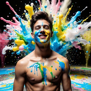 Paint Splat Fun - AI Photos of Hot men having fun with body paint. AI-generated abstract art featuring beautiful, handsome, sexy, shirtless, men, boys, lads, full of excitement joy and fun, covered in body paint, dynamic, interactive, Combining elements of realism with surreal abstract qualities, showcasing the potential of AI, in artistic expression. Photos of guys, just smiling, happy, and having a good time. Most of them are smiling because a paint bomb just blow up next to them, so I'm calling is Abstract Art. When paint attacks and makes people happy, it's Art!