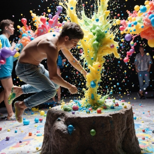 Paint Splat Fun - AI Photos of Hot men having fun with body paint. AI-generated abstract art featuring beautiful, handsome, sexy, shirtless, men, boys, lads, full of excitement joy and fun, covered in body paint, dynamic, interactive, Combining elements of realism with surreal abstract qualities, showcasing the potential of AI, in artistic expression. Photos of guys, just smiling, happy, and having a good time. Most of them are smiling because a paint bomb just blow up next to them, so I'm calling is Abstract Art. When paint attacks and makes people happy, it's Art!