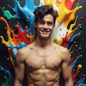Paint Splat Fun - AI Photos of Hot men having fun with body paint. AI-generated abstract art featuring beautiful, handsome, sexy, shirtless, men, boys, lads, full of excitement joy and fun, covered in body paint, dynamic, interactive, Combining elements of realism with surreal abstract qualities, showcasing the potential of AI, in artistic expression. Photos of guys, just smiling, happy, and having a good time. Most of them are smiling because a paint bomb just blow up next to them, so I'm calling is Abstract Art. When paint attacks and makes people happy, it's Art!