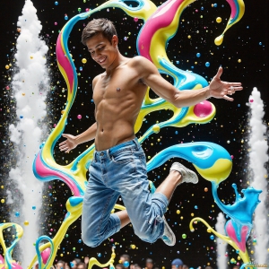 Paint Splat Fun - AI Photos of Hot men having fun with body paint. AI-generated abstract art featuring beautiful, handsome, sexy, shirtless, men, boys, lads, full of excitement joy and fun, covered in body paint, dynamic, interactive, Combining elements of realism with surreal abstract qualities, showcasing the potential of AI, in artistic expression. Photos of guys, just smiling, happy, and having a good time. Most of them are smiling because a paint bomb just blow up next to them, so I'm calling is Abstract Art. When paint attacks and makes people happy, it's Art!
