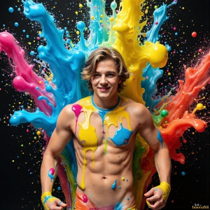 Paint Splat Fun - AI Photos of Hot men having fun with body paint. AI-generated abstract art featuring beautiful, handsome, sexy, shirtless, men, boys, lads, full of excitement joy and fun, covered in body paint, dynamic, interactive, Combining elements of realism with surreal abstract qualities, showcasing the potential of AI, in artistic expression. Photos of guys, just smiling, happy, and having a good time. Most of them are smiling because a paint bomb just blow up next to them, so I'm calling is Abstract Art. When paint attacks and makes people happy, it's Art!