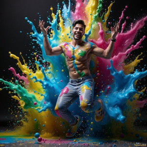 Paint Splat Fun - AI Photos of Hot men having fun with body paint. AI-generated abstract art featuring beautiful, handsome, sexy, shirtless, men, boys, lads, full of excitement joy and fun, covered in body paint, dynamic, interactive, Combining elements of realism with surreal abstract qualities, showcasing the potential of AI, in artistic expression. Photos of guys, just smiling, happy, and having a good time. Most of them are smiling because a paint bomb just blow up next to them, so I'm calling is Abstract Art. When paint attacks and makes people happy, it's Art!