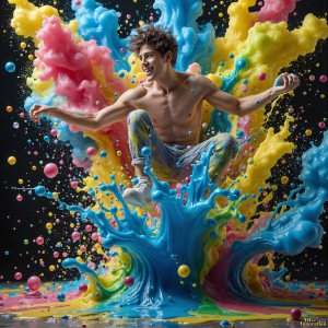 Paint Splat Fun - AI Photos of Hot men having fun with body paint. AI-generated abstract art featuring beautiful, handsome, sexy, shirtless, men, boys, lads, full of excitement joy and fun, covered in body paint, dynamic, interactive, Combining elements of realism with surreal abstract qualities, showcasing the potential of AI, in artistic expression. Photos of guys, just smiling, happy, and having a good time. Most of them are smiling because a paint bomb just blow up next to them, so I'm calling is Abstract Art. When paint attacks and makes people happy, it's Art!
