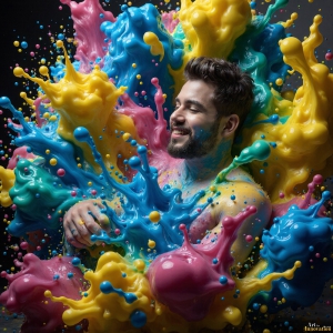 Paint Splat Fun - AI Photos of Hot men having fun with body paint. AI-generated abstract art featuring beautiful, handsome, sexy, shirtless, men, boys, lads, full of excitement joy and fun, covered in body paint, dynamic, interactive, Combining elements of realism with surreal abstract qualities, showcasing the potential of AI, in artistic expression. Photos of guys, just smiling, happy, and having a good time. Most of them are smiling because a paint bomb just blow up next to them, so I'm calling is Abstract Art. When paint attacks and makes people happy, it's Art!