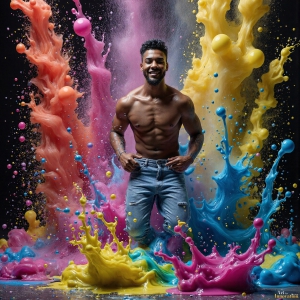 Paint Splat Fun - AI Photos of Hot men having fun with body paint. AI-generated abstract art featuring beautiful, handsome, sexy, shirtless, men, boys, lads, full of excitement joy and fun, covered in body paint, dynamic, interactive, Combining elements of realism with surreal abstract qualities, showcasing the potential of AI, in artistic expression. Photos of guys, just smiling, happy, and having a good time. Most of them are smiling because a paint bomb just blow up next to them, so I'm calling is Abstract Art. When paint attacks and makes people happy, it's Art!