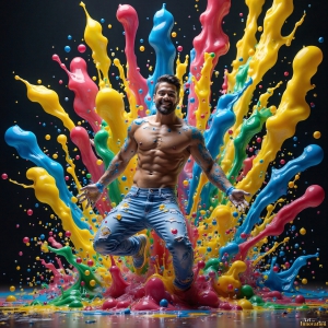 Paint Splat Fun - AI Photos of Hot men having fun with body paint. AI-generated abstract art featuring beautiful, handsome, sexy, shirtless, men, boys, lads, full of excitement joy and fun, covered in body paint, dynamic, interactive, Combining elements of realism with surreal abstract qualities, showcasing the potential of AI, in artistic expression. Photos of guys, just smiling, happy, and having a good time. Most of them are smiling because a paint bomb just blow up next to them, so I'm calling is Abstract Art. When paint attacks and makes people happy, it's Art!