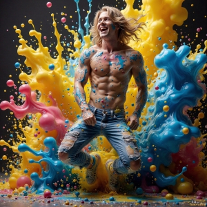 Paint Splat Fun - AI Photos of Hot men having fun with body paint. AI-generated abstract art featuring beautiful, handsome, sexy, shirtless, men, boys, lads, full of excitement joy and fun, covered in body paint, dynamic, interactive, Combining elements of realism with surreal abstract qualities, showcasing the potential of AI, in artistic expression. Photos of guys, just smiling, happy, and having a good time. Most of them are smiling because a paint bomb just blow up next to them, so I'm calling is Abstract Art. When paint attacks and makes people happy, it's Art!