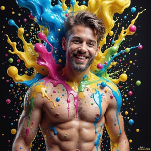 Paint Splat Fun - AI Photos of Hot men having fun with body paint. AI-generated abstract art featuring beautiful, handsome, sexy, shirtless, men, boys, lads, full of excitement joy and fun, covered in body paint, dynamic, interactive, Combining elements of realism with surreal abstract qualities, showcasing the potential of AI, in artistic expression. Photos of guys, just smiling, happy, and having a good time. Most of them are smiling because a paint bomb just blow up next to them, so I'm calling is Abstract Art. When paint attacks and makes people happy, it's Art!