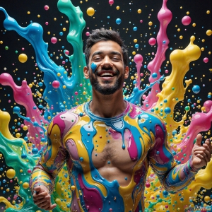 Paint Splat Fun - AI Photos of Hot men having fun with body paint. AI-generated abstract art featuring beautiful, handsome, sexy, shirtless, men, boys, lads, full of excitement joy and fun, covered in body paint, dynamic, interactive, Combining elements of realism with surreal abstract qualities, showcasing the potential of AI, in artistic expression. Photos of guys, just smiling, happy, and having a good time. Most of them are smiling because a paint bomb just blow up next to them, so I'm calling is Abstract Art. When paint attacks and makes people happy, it's Art!
