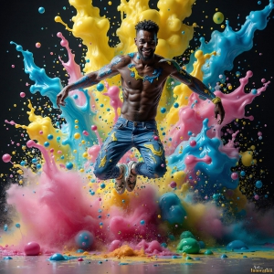 Paint Splat Fun - AI Photos of Hot men having fun with body paint. AI-generated abstract art featuring beautiful, handsome, sexy, shirtless, men, boys, lads, full of excitement joy and fun, covered in body paint, dynamic, interactive, Combining elements of realism with surreal abstract qualities, showcasing the potential of AI, in artistic expression. Photos of guys, just smiling, happy, and having a good time. Most of them are smiling because a paint bomb just blow up next to them, so I'm calling is Abstract Art. When paint attacks and makes people happy, it's Art!